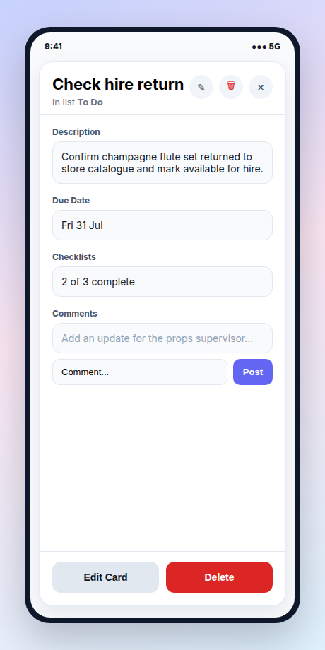 The Props List Android app showing on-the-fly task updates that sync with the web app