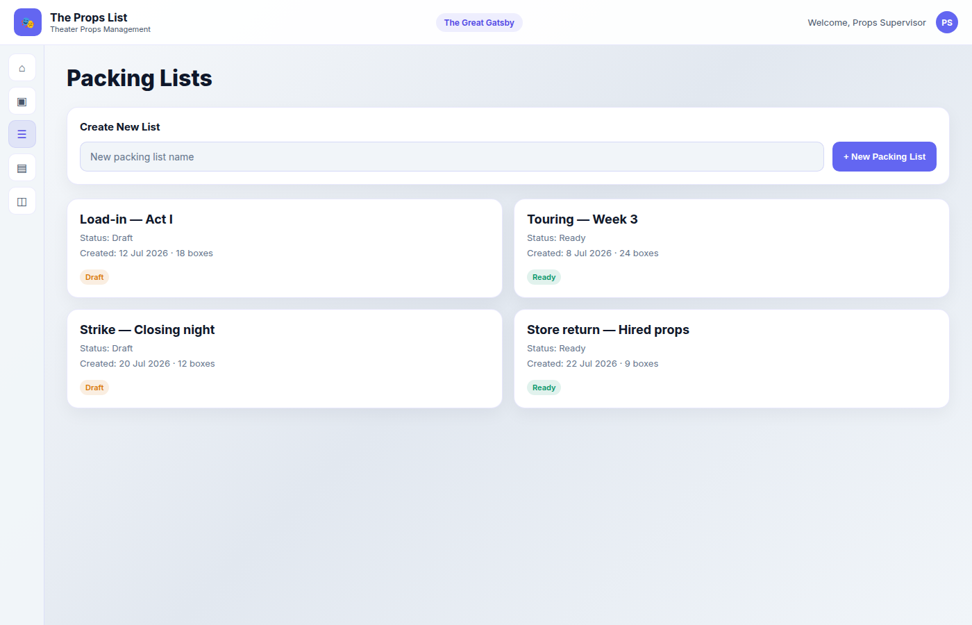 Packing Lists screen in The Props List light theme