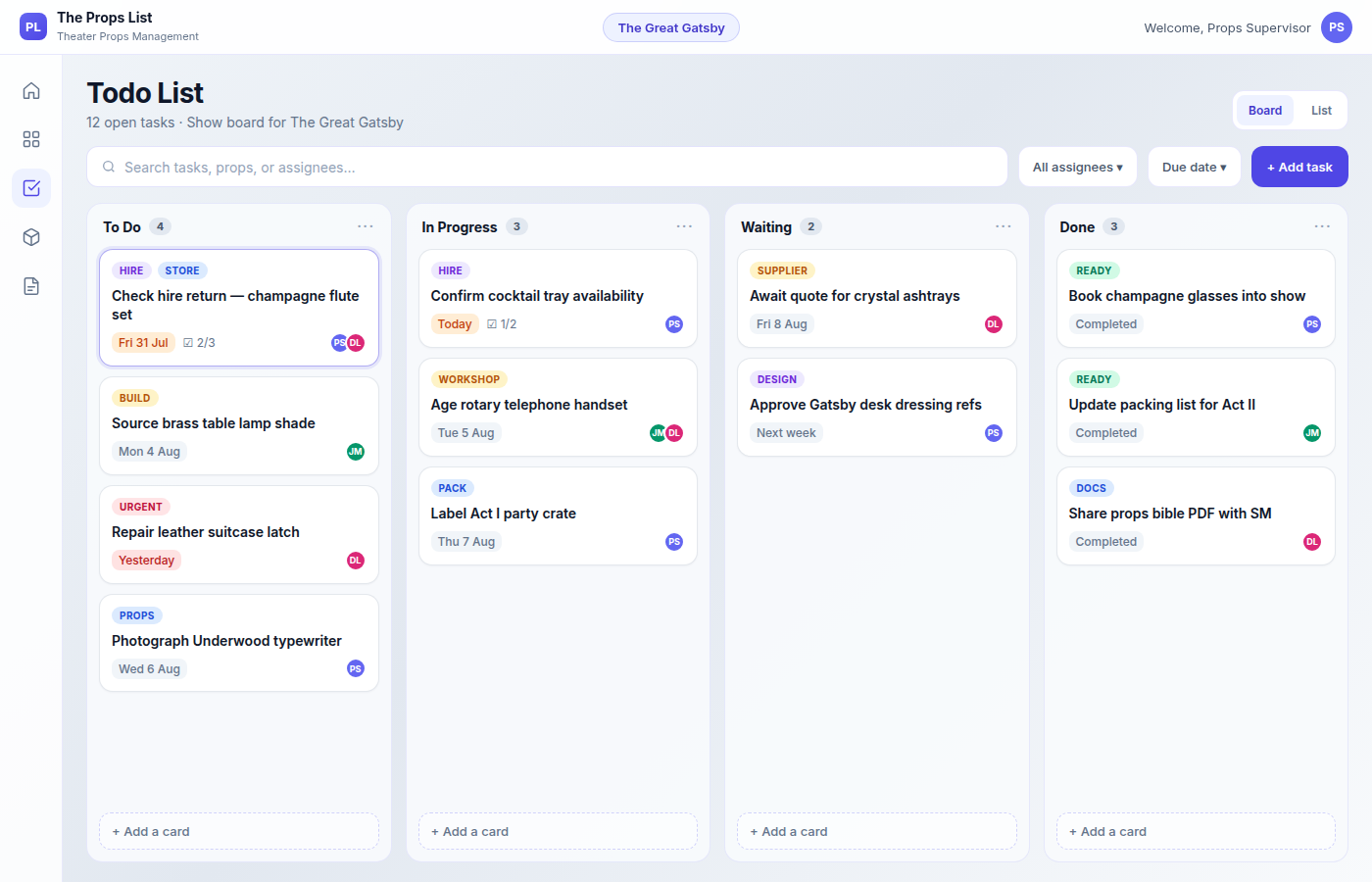 Todo List board in The Props List light theme with task columns, due dates, and assignees