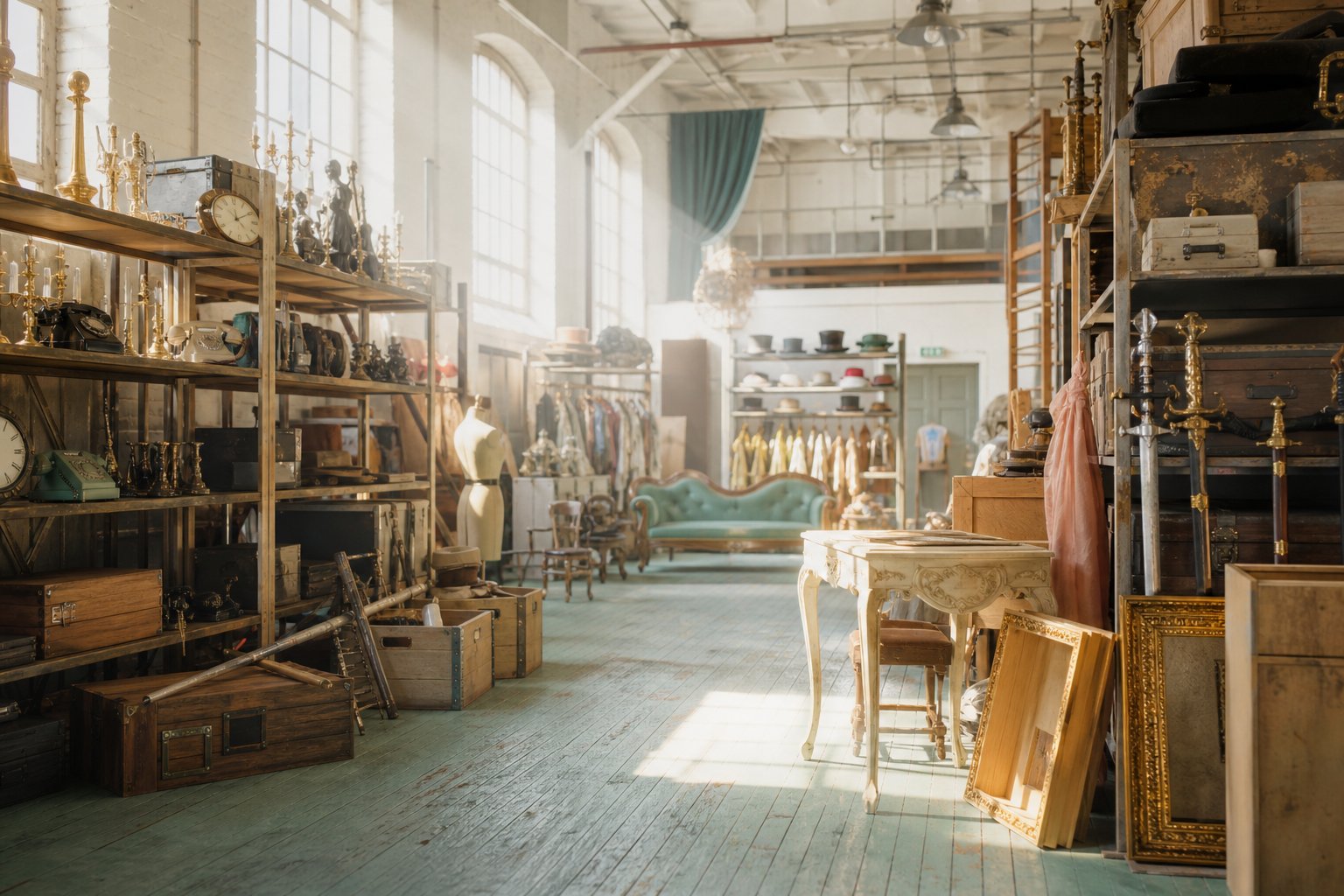 Bright props store with shelves of theatre props, packing crates, and period furniture