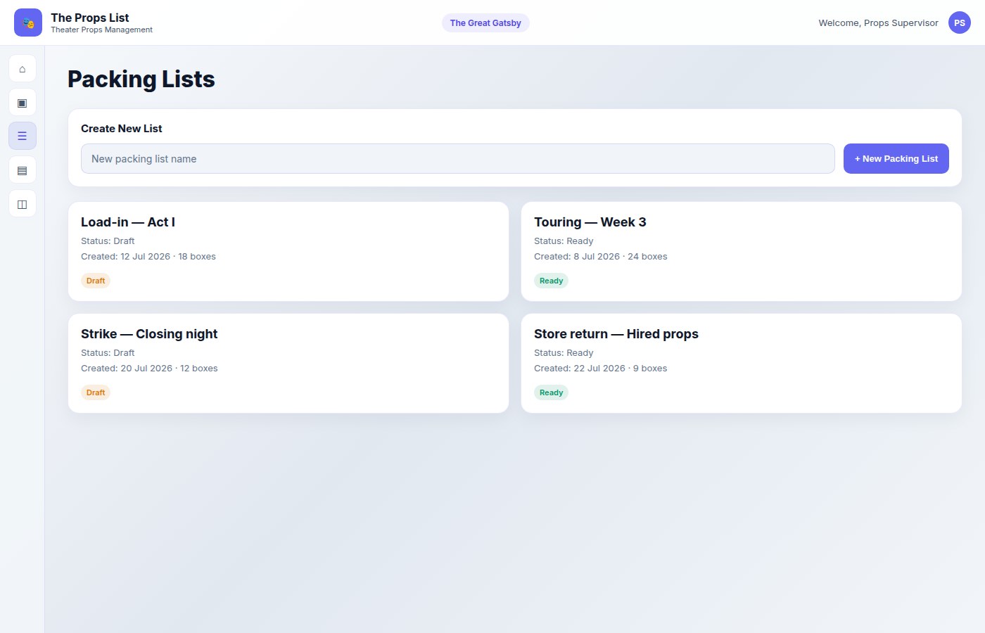 Packing Lists page showing named lists and create controls