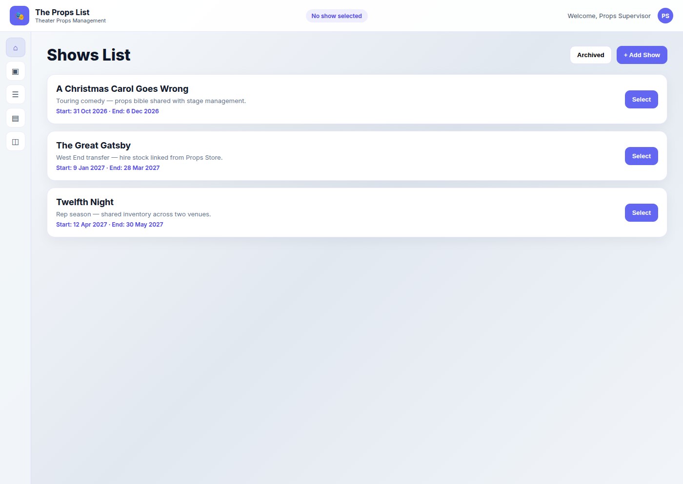 Shows List with productions and an Add Show button